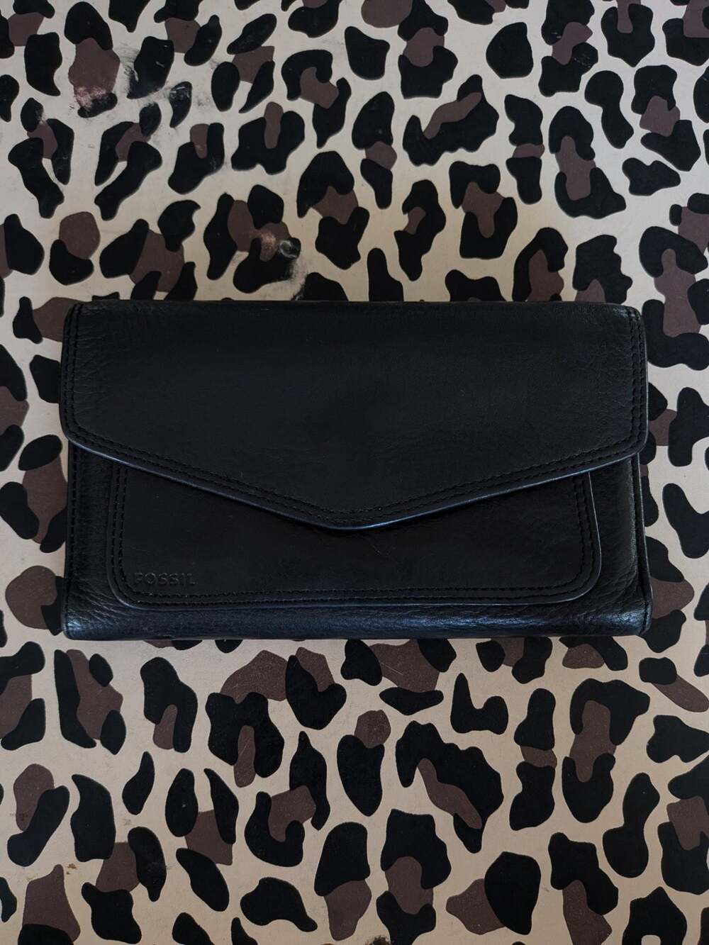 Fossil Black Leather Flap Snap Closure Checkbook Wallet